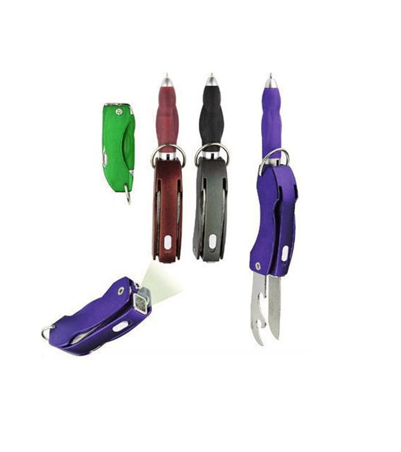 Multi-function LED foldable ballpoint pen with knife and bottle opener.